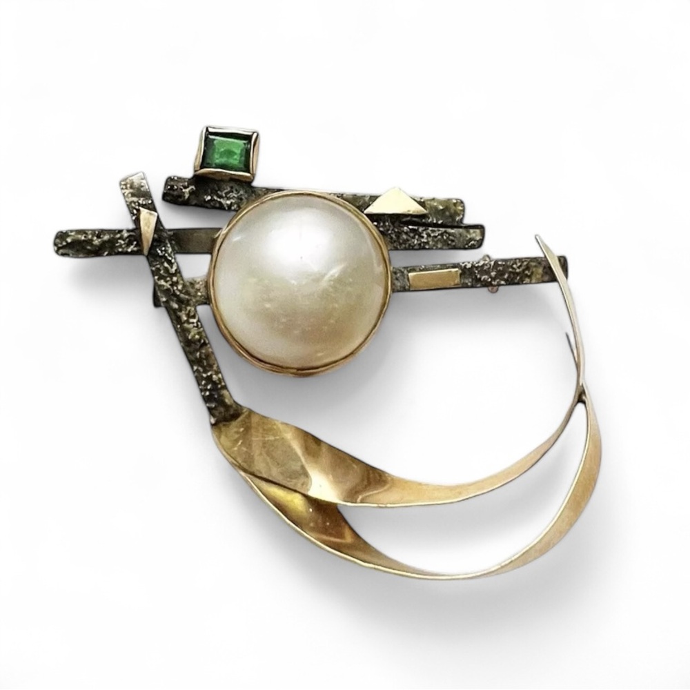 Vintage Carolyn Thomas 14K Gold Sterling Brass Mabe Pearl Emerald Brooch Pin